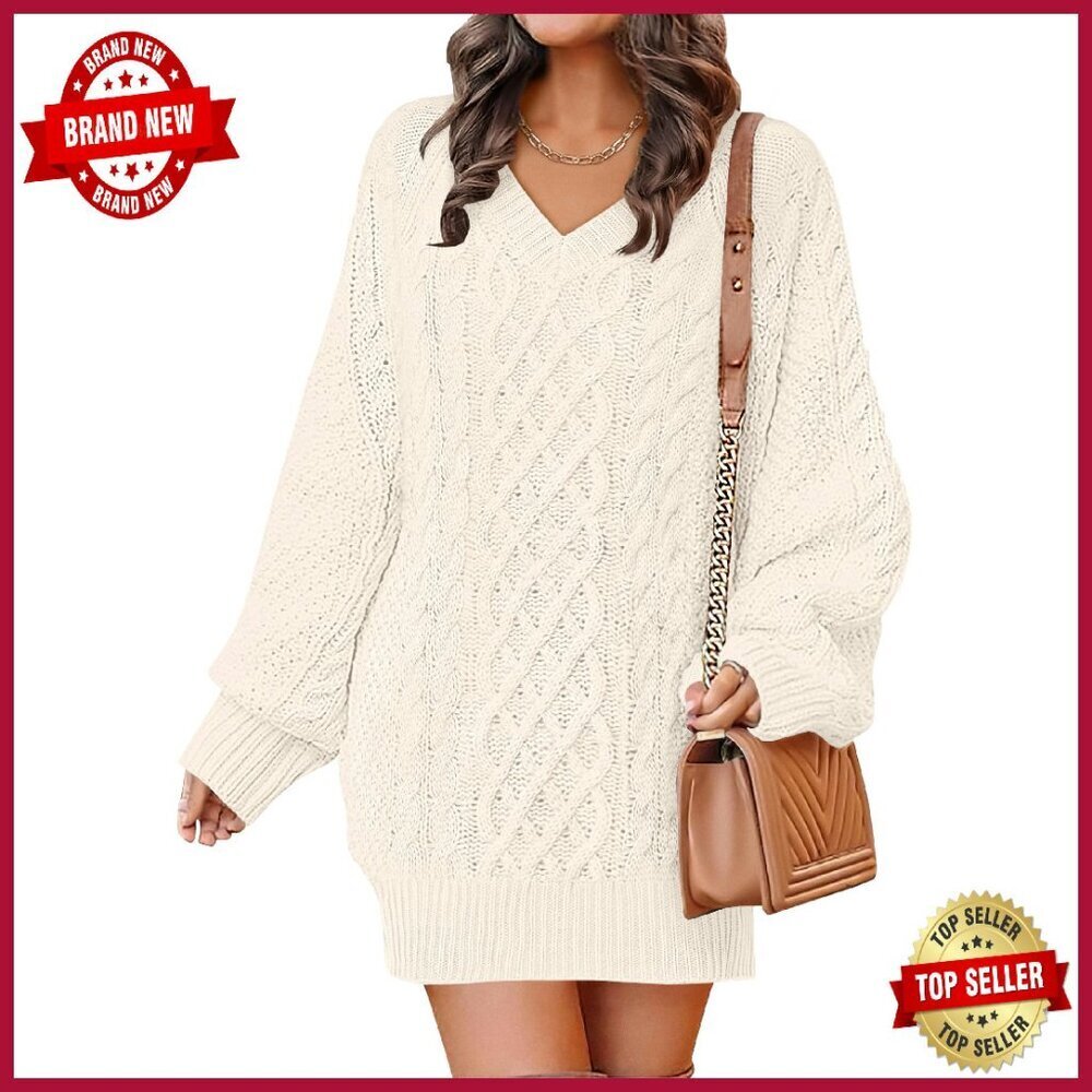 Oversized Cable Knit Sweater Dress Long Sleeve V Neck Mini Tunic